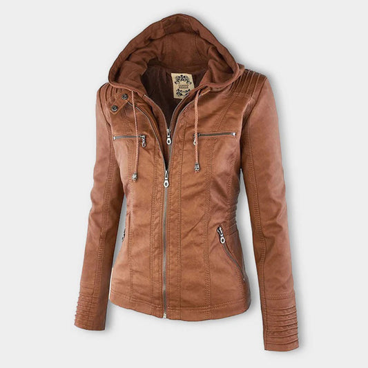VierraSol - Chaqueta de Cuero para Mujer con Capucha