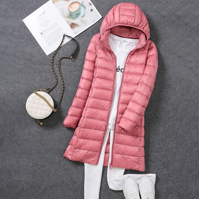 VierraSol | Chaqueta Larga de Plumas con Capucha para Mujer
