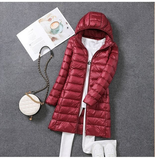 VierraSol | Chaqueta Larga de Plumas con Capucha para Mujer