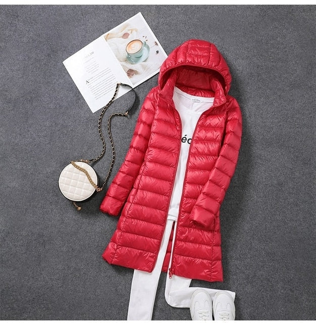 VierraSol | Chaqueta Larga de Plumas con Capucha para Mujer