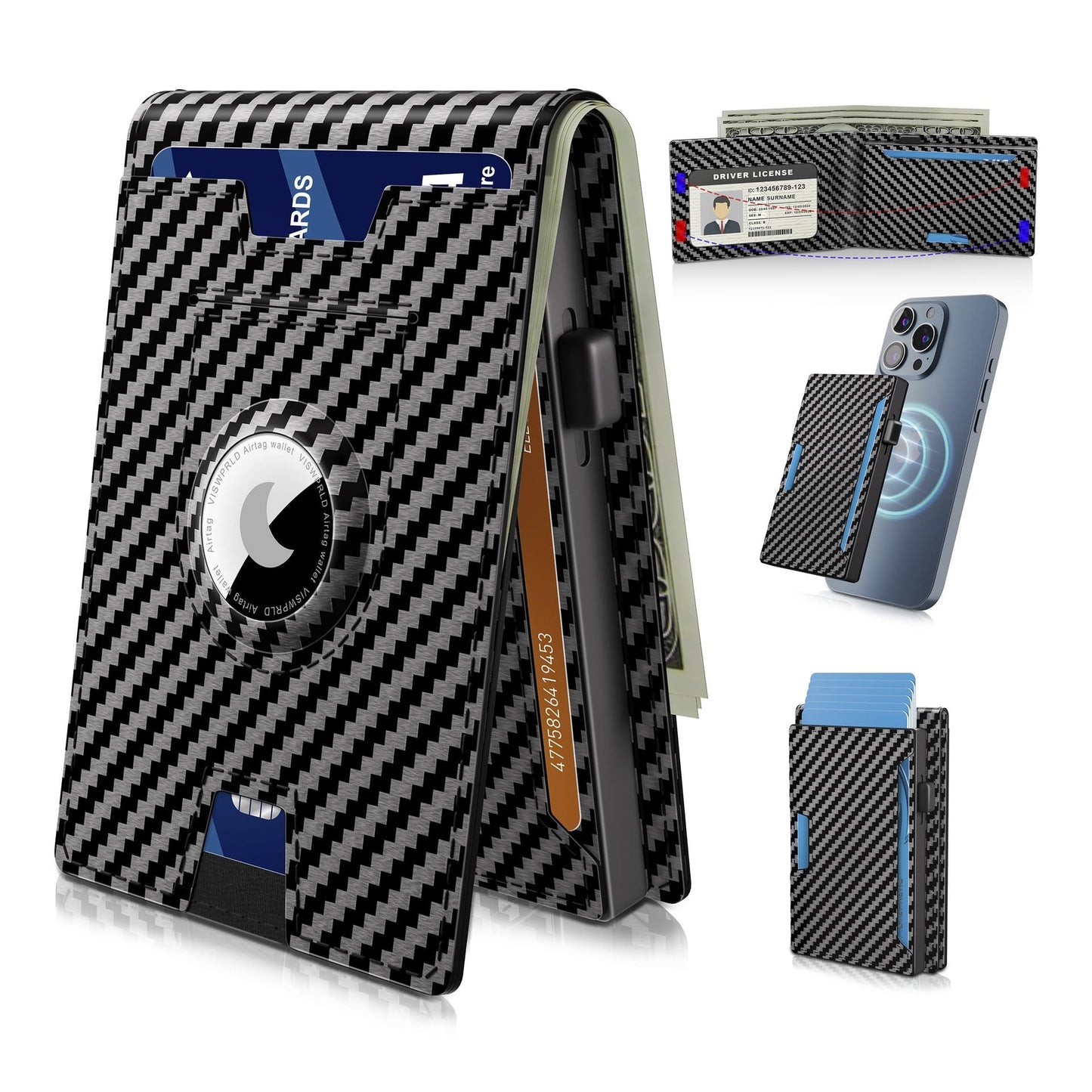 VierraSol | Clip de Dinero de Aluminio Plegable, Billetera Minimalista de Cuero con Ranuras para Tarjetas de Crédito, Bloqueo RFID