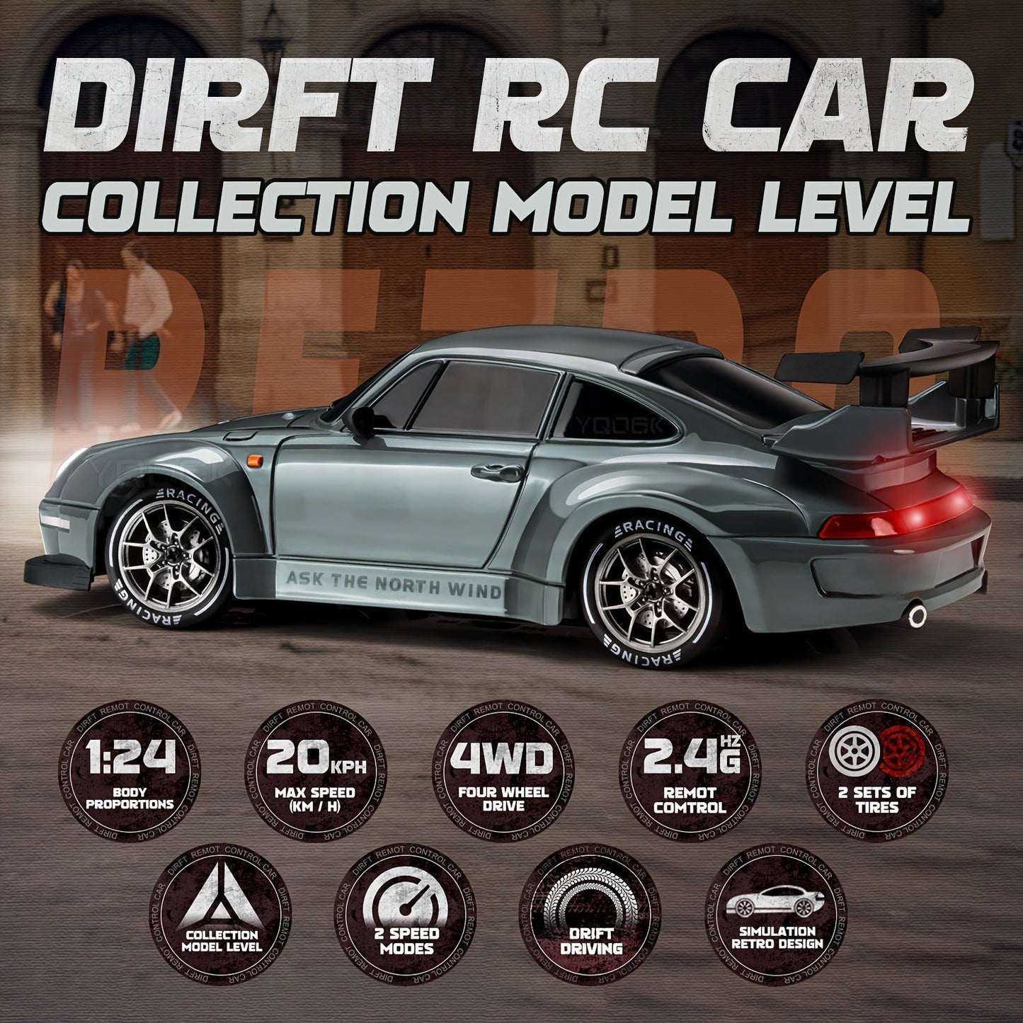 VierraSol | Coche de Drift RC 1:24 Definitivo con Ruedas LED – Juguete de Carreras Recargable 4WD