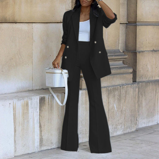 VierraSol | Conjunto de Blazer Doble Botonadura y Pantalones Acampanados para Mujer