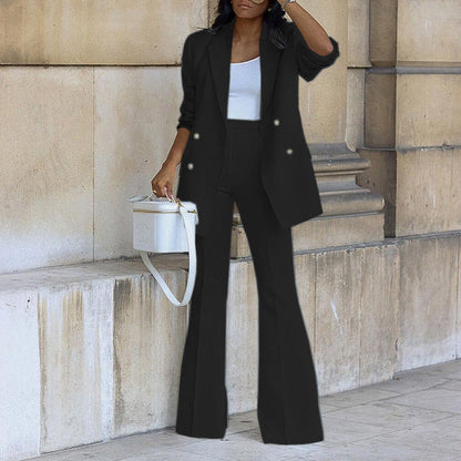 VierraSol | Conjunto de Blazer Doble Botonadura y Pantalones Acampanados para Mujer
