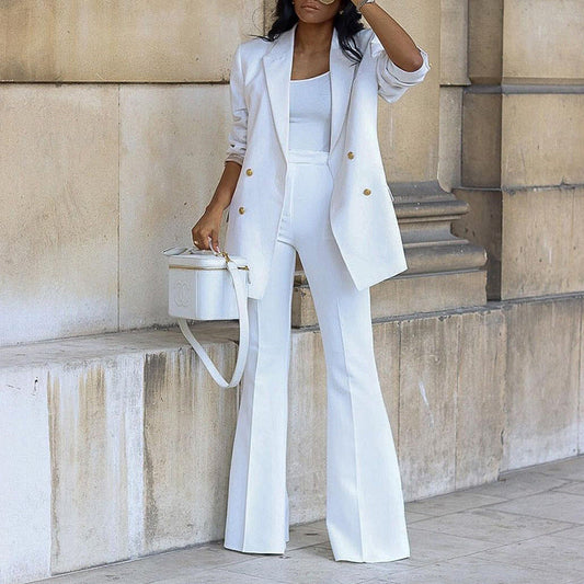 VierraSol | Conjunto de Blazer Doble Botonadura y Pantalones Acampanados para Mujer