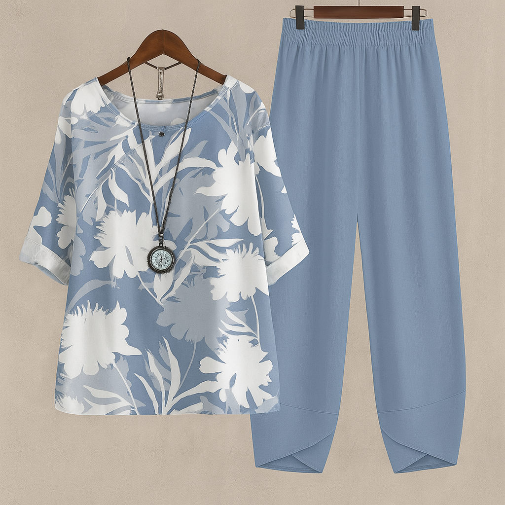 VierraSol | Conjunto de Dos Piezas con Estampado Floral para Mujeres - Pantalones de Pierna Ancha