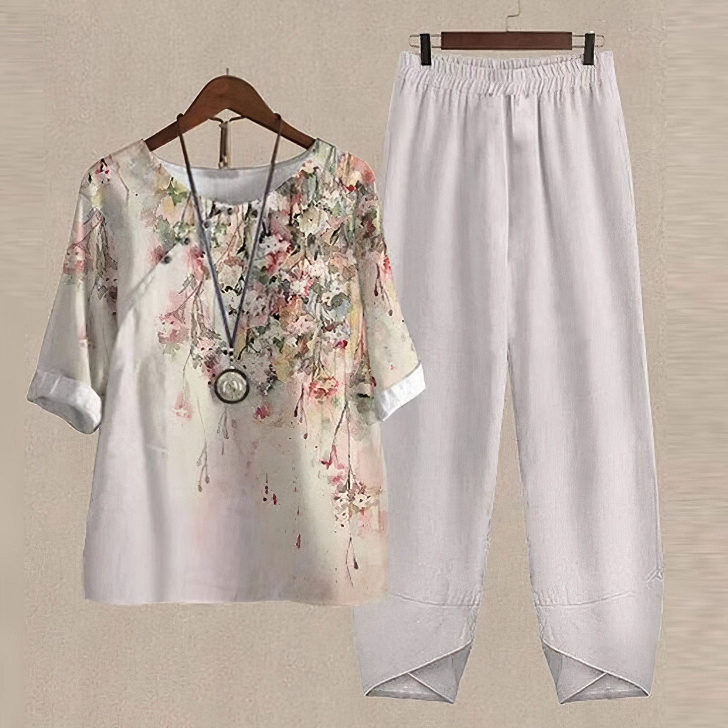 VierraSol | Conjunto de Dos Piezas con Estampado Floral para Mujeres - Pantalones de Pierna Ancha