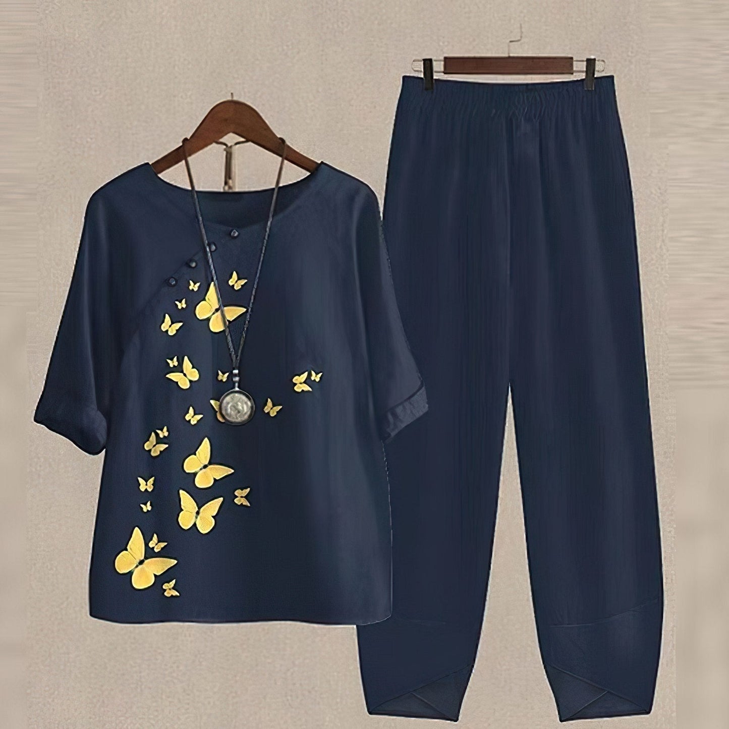 VierraSol | Conjunto de Dos Piezas con Estampado Floral para Mujeres - Pantalones de Pierna Ancha