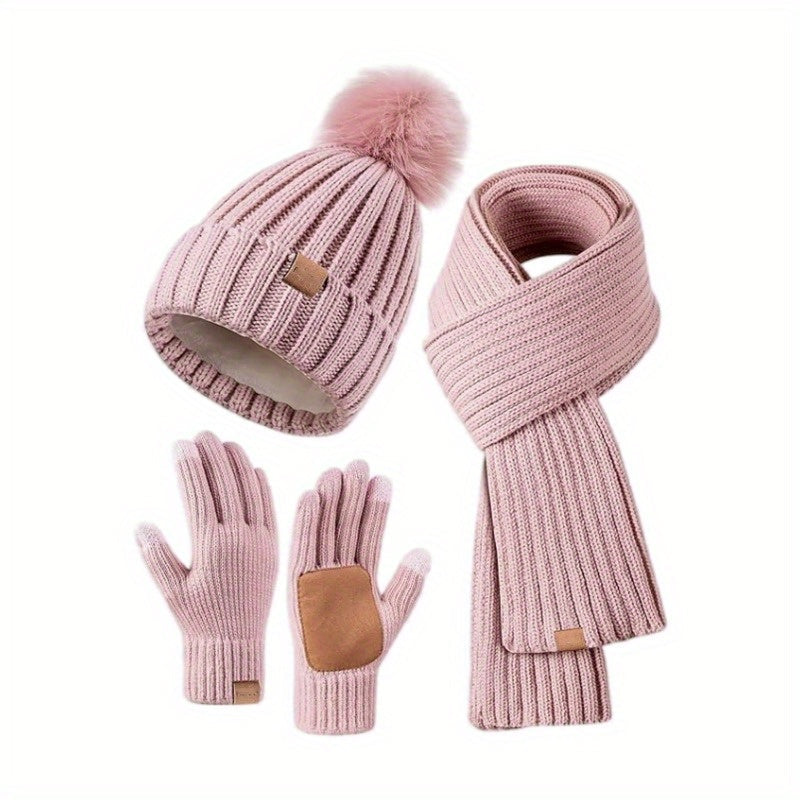 VierraSol | Conjunto de Invierno 3 en 1 de Tejido con Gorra, Bufanda y Guantes Táctiles