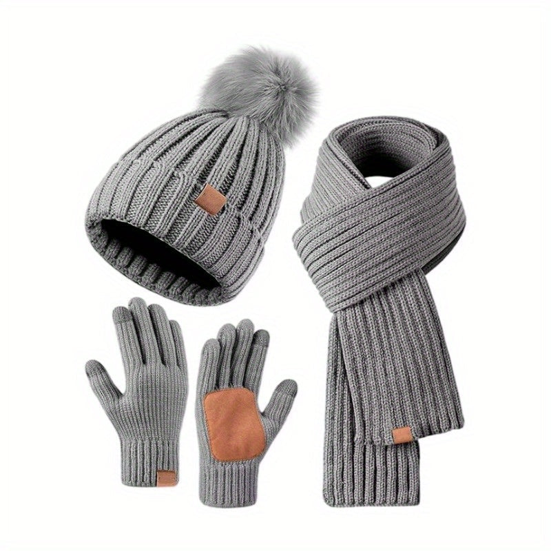 VierraSol | Conjunto de Invierno 3 en 1 de Tejido con Gorra, Bufanda y Guantes Táctiles