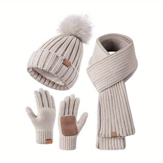 VierraSol | Conjunto de Invierno 3 en 1 de Tejido con Gorra, Bufanda y Guantes Táctiles