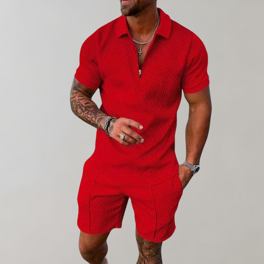 VierraSol | Conjunto de Polo con Cremallera Texturizado y Pantalones Cortos para Hombre