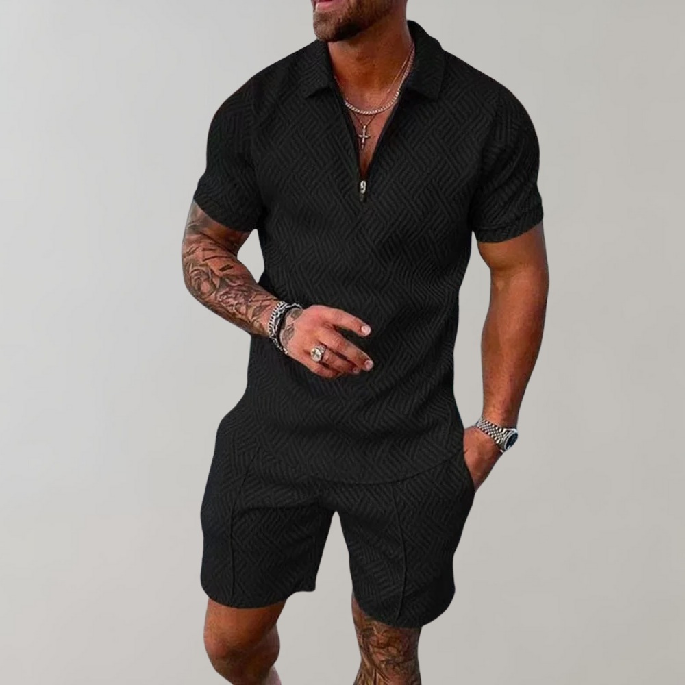 VierraSol | Conjunto de Polo con Cremallera Texturizado y Pantalones Cortos para Hombre