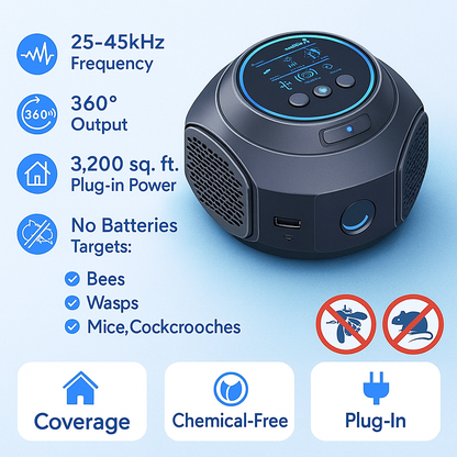 VierraSol | Dispositivo Repelente Ultrasonico de Abejas y Avispas | Sin Químicos. Cobertura de 360° para Control de Plagas en el Hogar y al Aire Libre