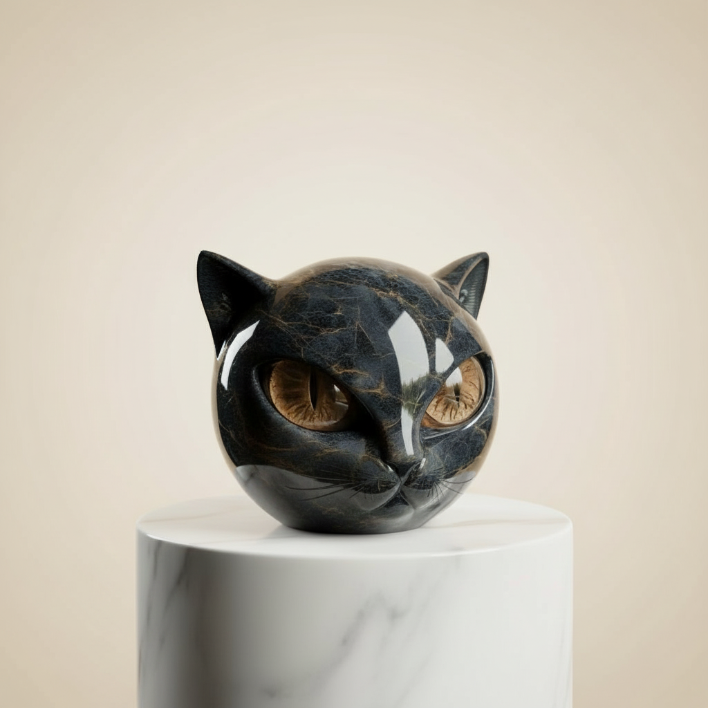 VierraSol | Escultura NoirCat – Cabeza de Gato Negro con Ojos Hipnóticos