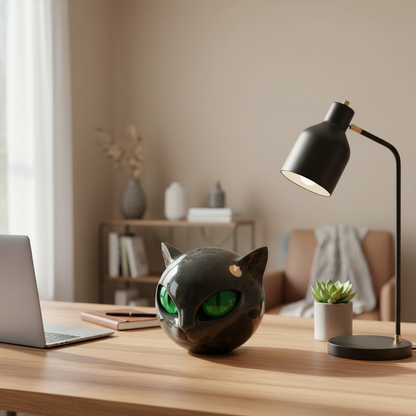 VierraSol | Escultura NoirCat – Cabeza de Gato Negro con Ojos Hipnóticos