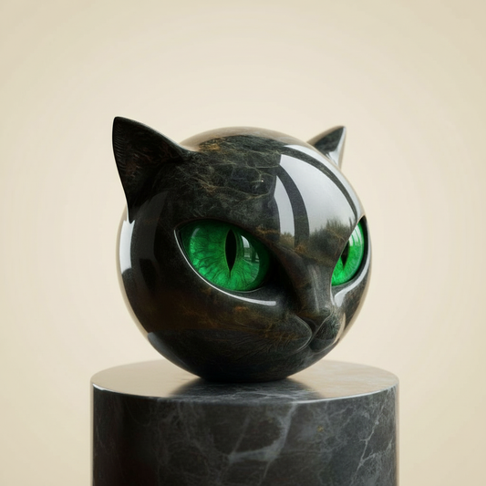 VierraSol | Escultura NoirCat – Cabeza de Gato Negro con Ojos Hipnóticos