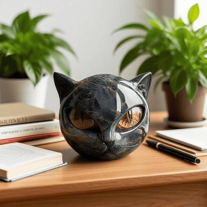 VierraSol | Escultura NoirCat – Cabeza de Gato Negro con Ojos Hipnóticos