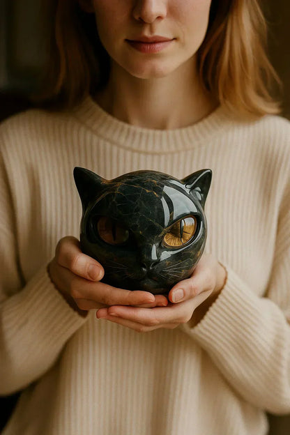 VierraSol | Escultura NoirCat – Cabeza de Gato Negro con Ojos Hipnóticos