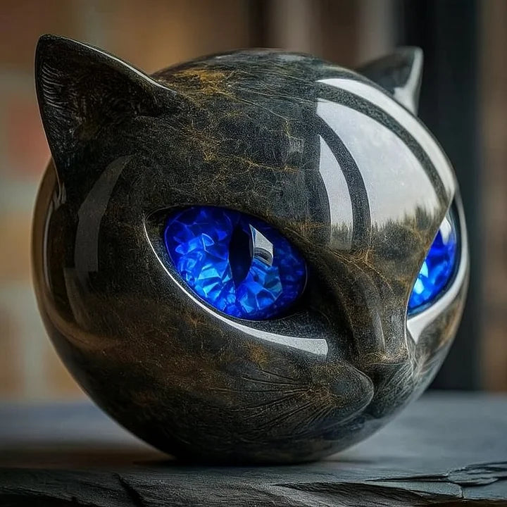 VierraSol | Escultura NoirCat – Cabeza de Gato Negro con Ojos Hipnóticos