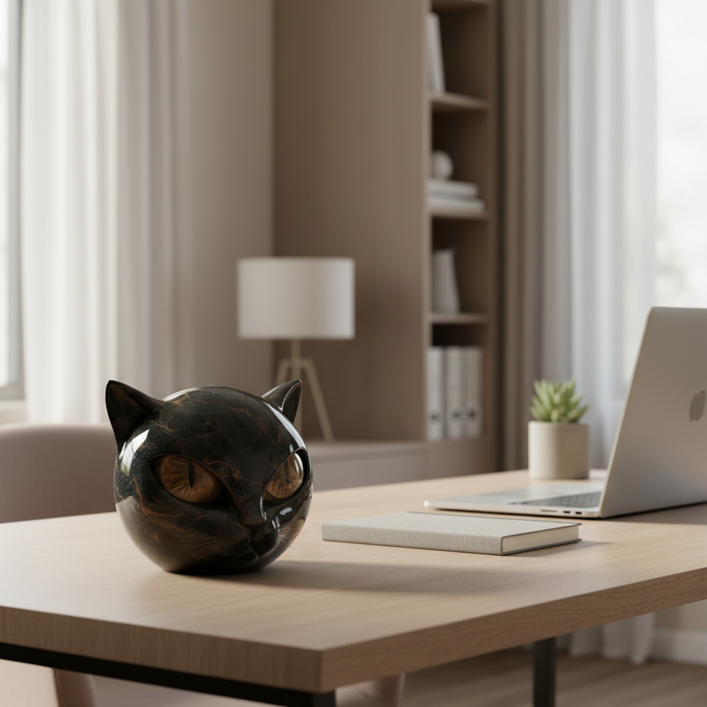 VierraSol | Escultura NoirCat – Cabeza de Gato Negro con Ojos Hipnóticos