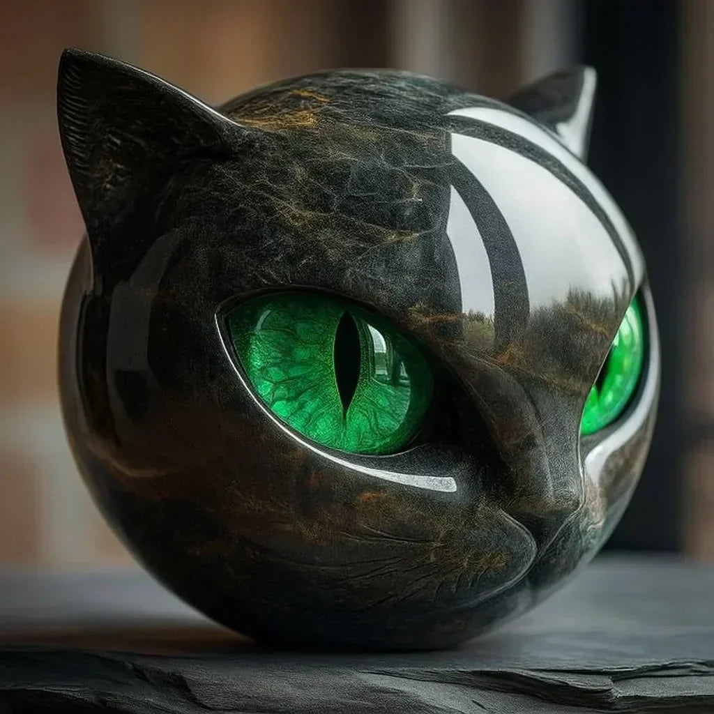 VierraSol | Escultura NoirCat – Cabeza de Gato Negro con Ojos Hipnóticos