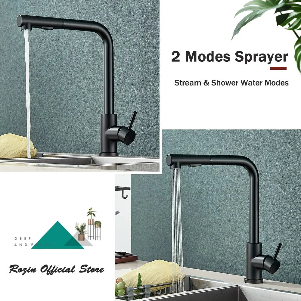 VierraSol | Grifo de Cocina Negro Extraíble - Boquilla Flexible de 2 Modos de Chorro y Rocío, Grifo de Acero Inoxidable para Mezcla de Agua Caliente y Fría
