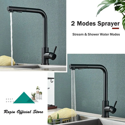 VierraSol | Grifo de Cocina Negro Extraíble - Boquilla Flexible de 2 Modos de Chorro y Rocío, Grifo de Acero Inoxidable para Mezcla de Agua Caliente y Fría