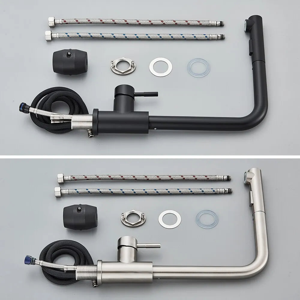 VierraSol | Grifo de Cocina Negro Extraíble - Boquilla Flexible de 2 Modos de Chorro y Rocío, Grifo de Acero Inoxidable para Mezcla de Agua Caliente y Fría