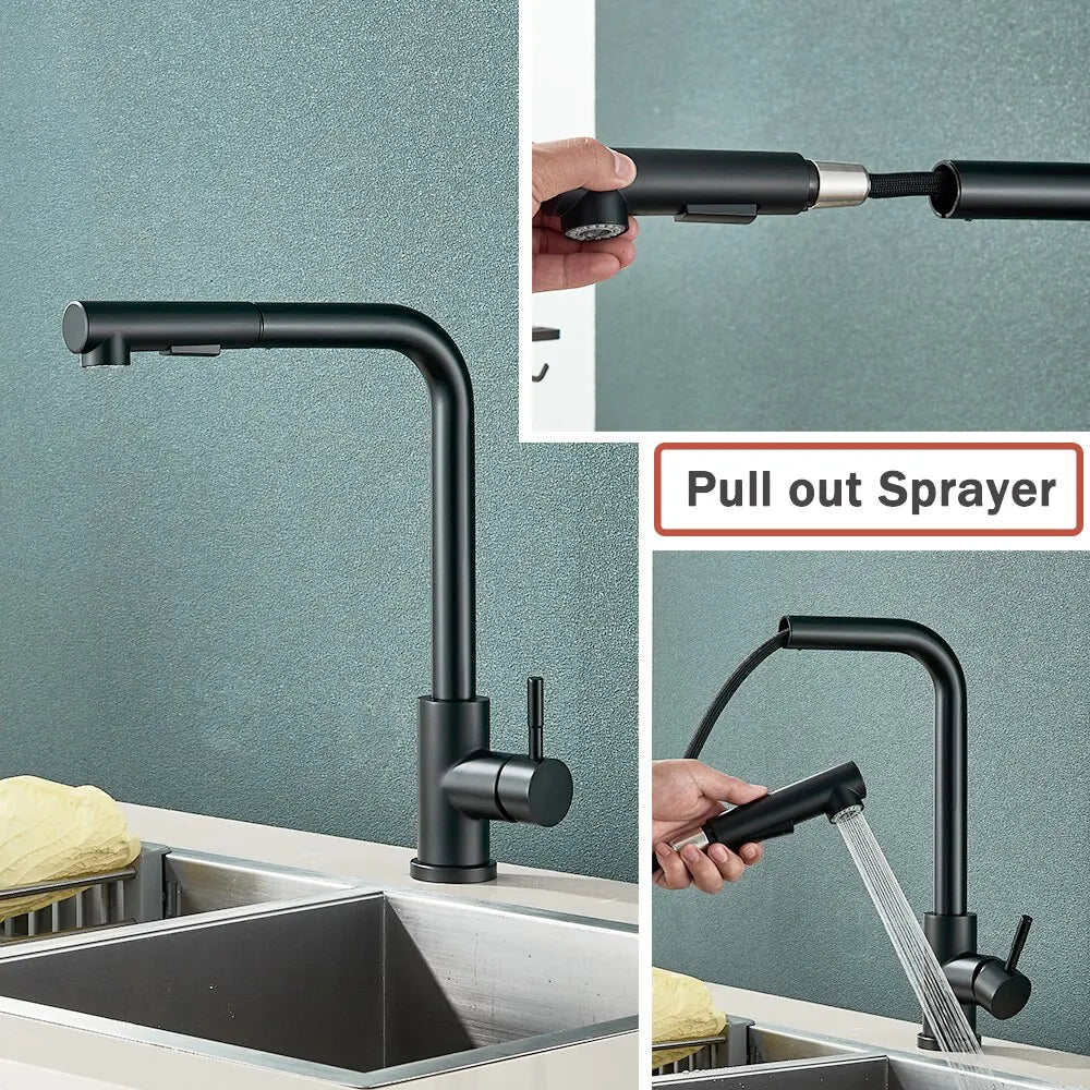 VierraSol | Grifo de Cocina Negro Extraíble - Boquilla Flexible de 2 Modos de Chorro y Rocío, Grifo de Acero Inoxidable para Mezcla de Agua Caliente y Fría