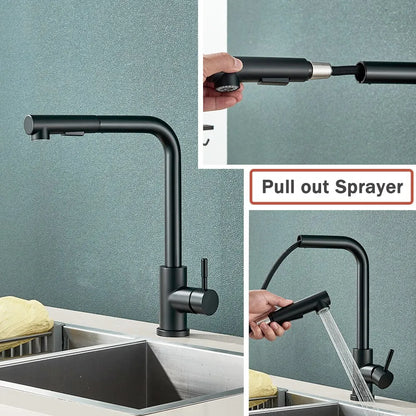 VierraSol | Grifo de Cocina Negro Extraíble - Boquilla Flexible de 2 Modos de Chorro y Rocío, Grifo de Acero Inoxidable para Mezcla de Agua Caliente y Fría