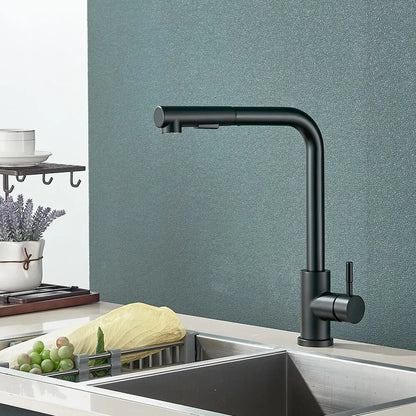 VierraSol | Grifo de Cocina Negro Extraíble - Boquilla Flexible de 2 Modos de Chorro y Rocío, Grifo de Acero Inoxidable para Mezcla de Agua Caliente y Fría