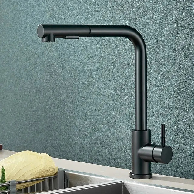 VierraSol | Grifo de Cocina Negro Extraíble - Boquilla Flexible de 2 Modos de Chorro y Rocío, Grifo de Acero Inoxidable para Mezcla de Agua Caliente y Fría