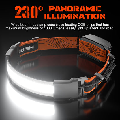 VierraSol | Hopedone Linterna Frontal Recargable 1000 Lúmenes, Ángulo Amplio de 230°, Impermeable, Paquete de 2, Naranja