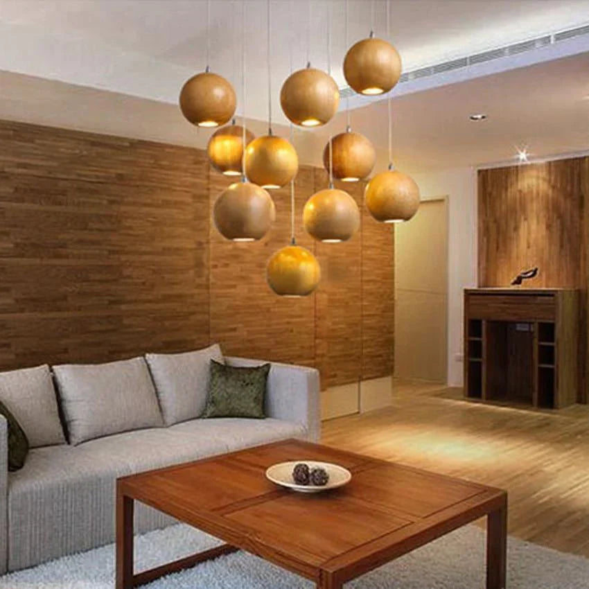 VierraSol | Lámpara Colgante de Bola de Madera | Diseño Natural Moderno