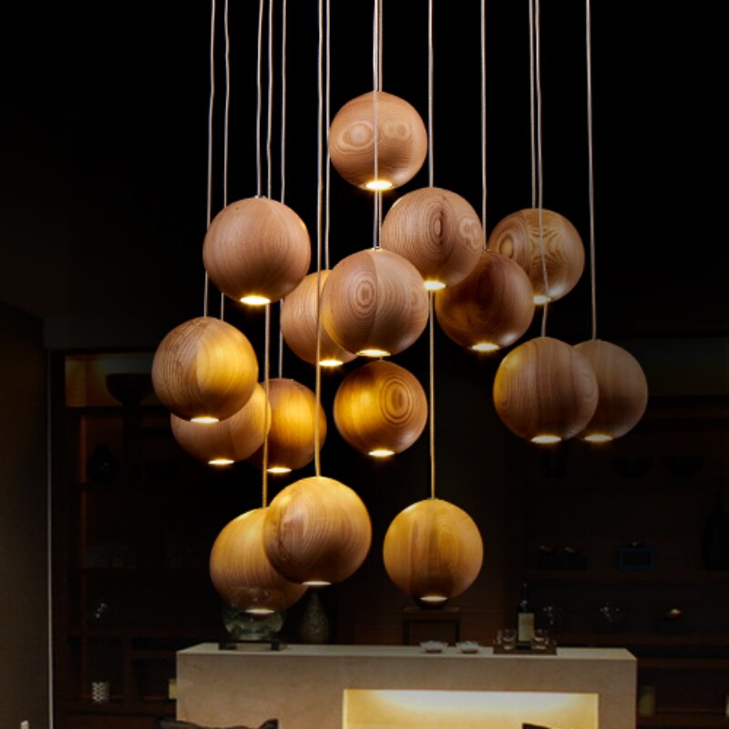 VierraSol | Lámpara Colgante de Bola de Madera | Diseño Natural Moderno