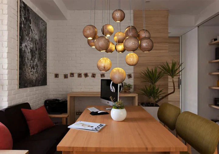 VierraSol | Lámpara Colgante de Bola de Madera | Diseño Natural Moderno