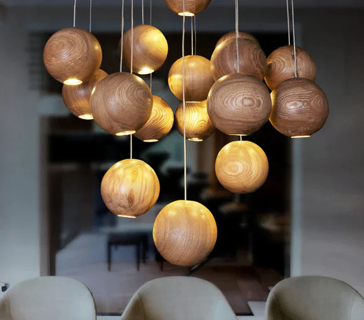 VierraSol | Lámpara Colgante de Bola de Madera | Diseño Natural Moderno