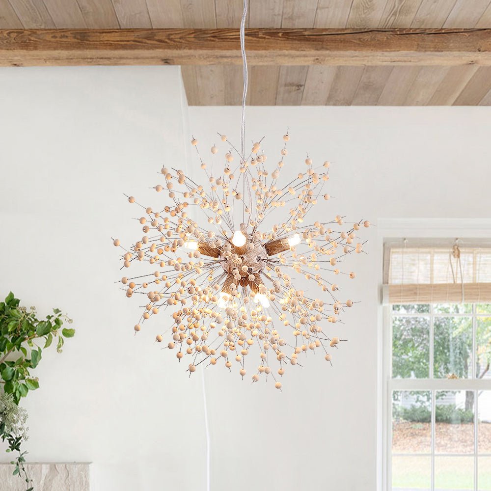 VierraSol | Lámpara Colgante de Diente de León con Perlas de Madera | Diseño de Estrella Explosiva