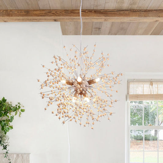 VierraSol | Lámpara Colgante de Diente de León con Perlas de Madera | Diseño de Estrella Explosiva