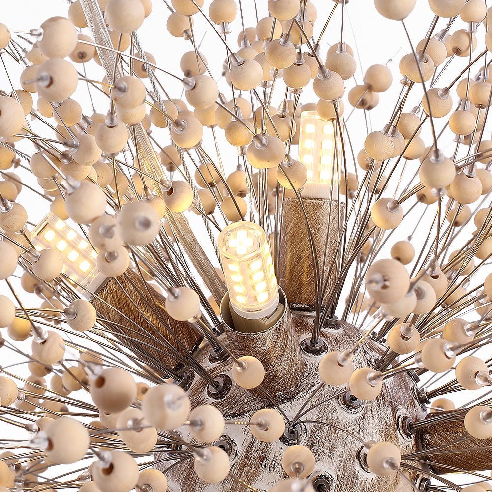 VierraSol | Lámpara Colgante de Diente de León con Perlas de Madera | Diseño de Estrella Explosiva