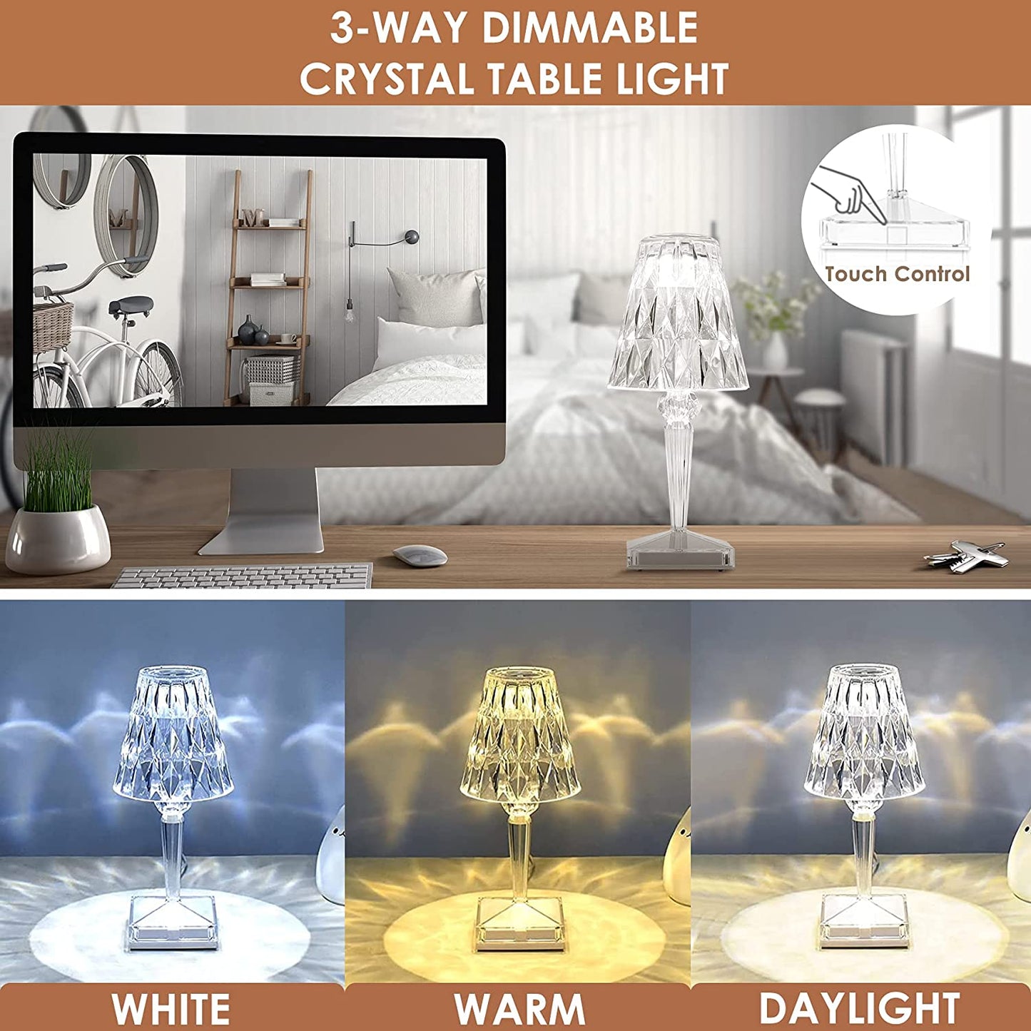 VierraSol | Lámpara de Mesa LED de Cristal | Diseño Elegante de Diamante
