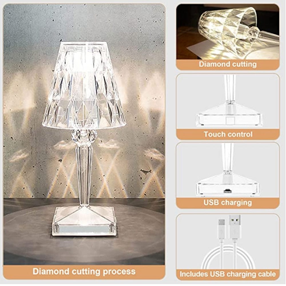 VierraSol | Lámpara de Mesa LED de Cristal | Diseño Elegante de Diamante