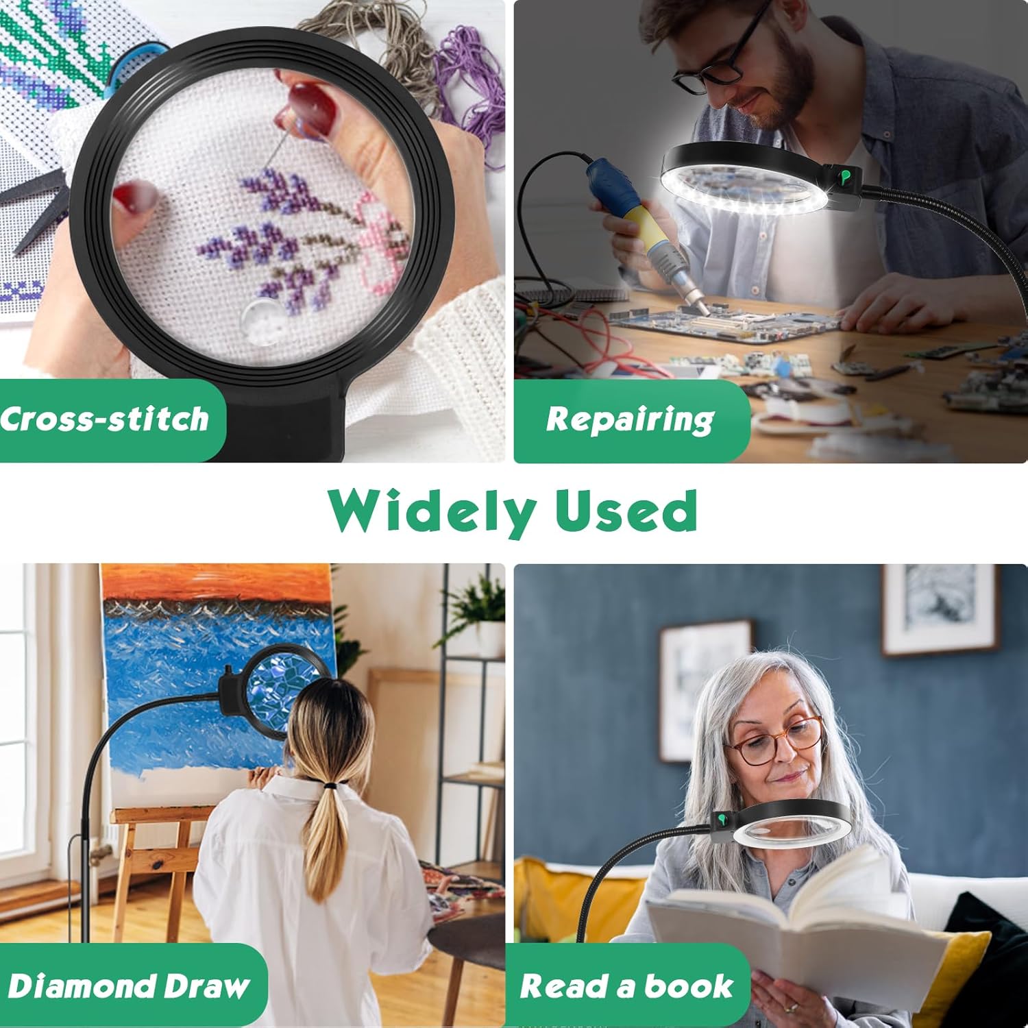 VierraSol | Lupa de Lado Completo con Luz LED – Ayuda de Lectura Manos Libres para Libros, Manualidades y Pasatiempos