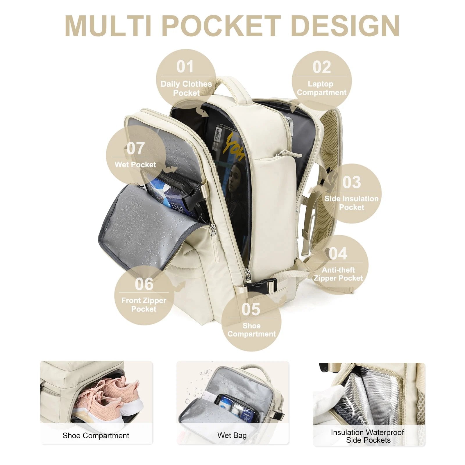 VierraSol | Mochila de Viaje Grande para Mujeres – Mochila de Senderismo Impermeable | Antirrobo
