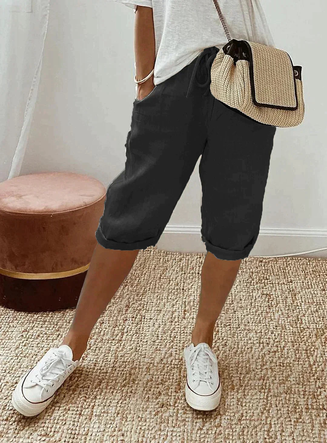 VierraSol | Pantalones Capris de Lino para Mujeres con Cintura Ajustable