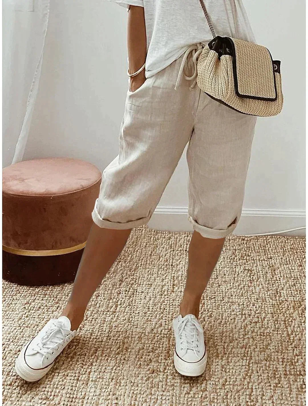 VierraSol | Pantalones Capris de Lino para Mujeres con Cintura Ajustable