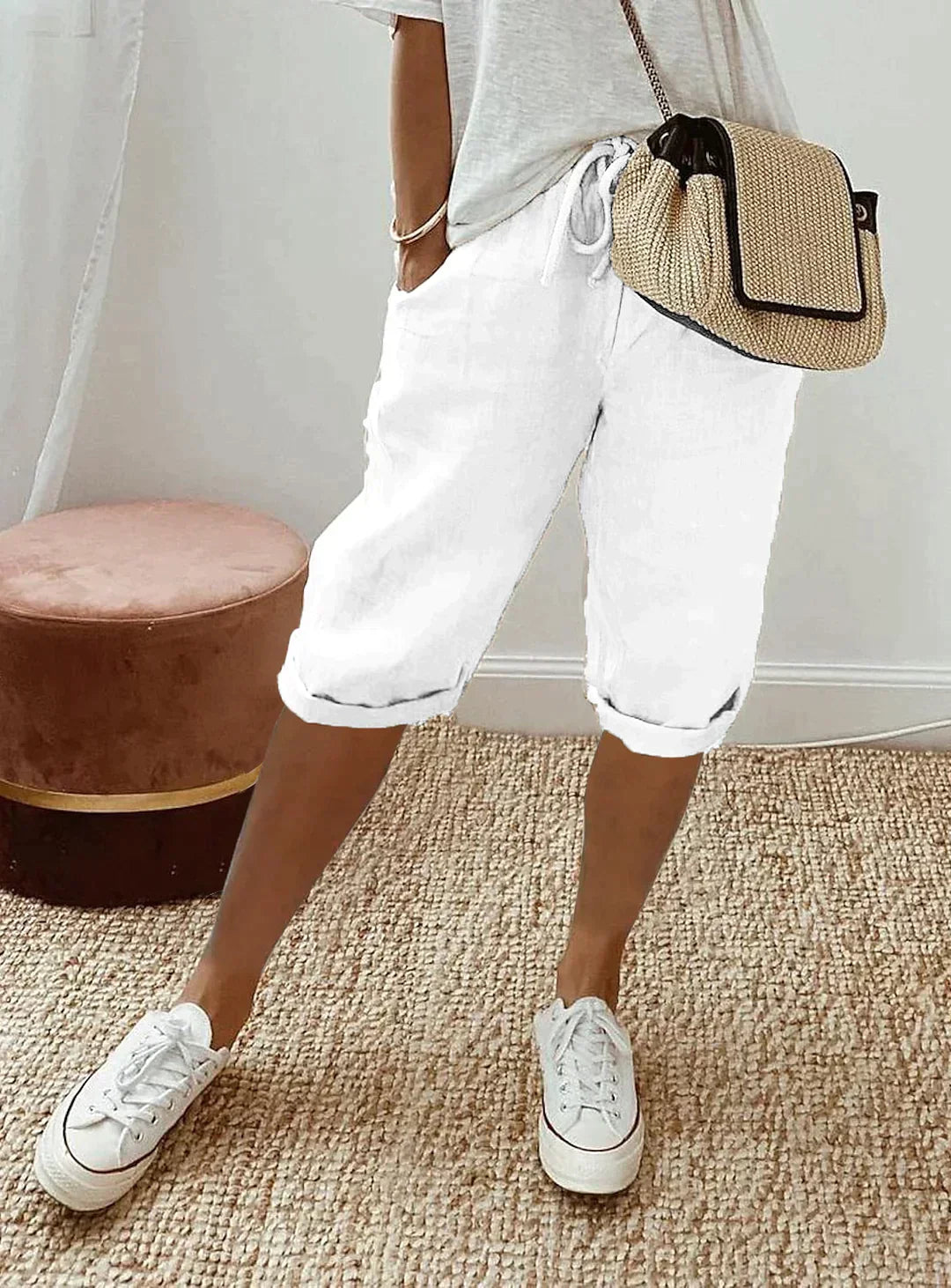 VierraSol | Pantalones Capris de Lino para Mujeres con Cintura Ajustable