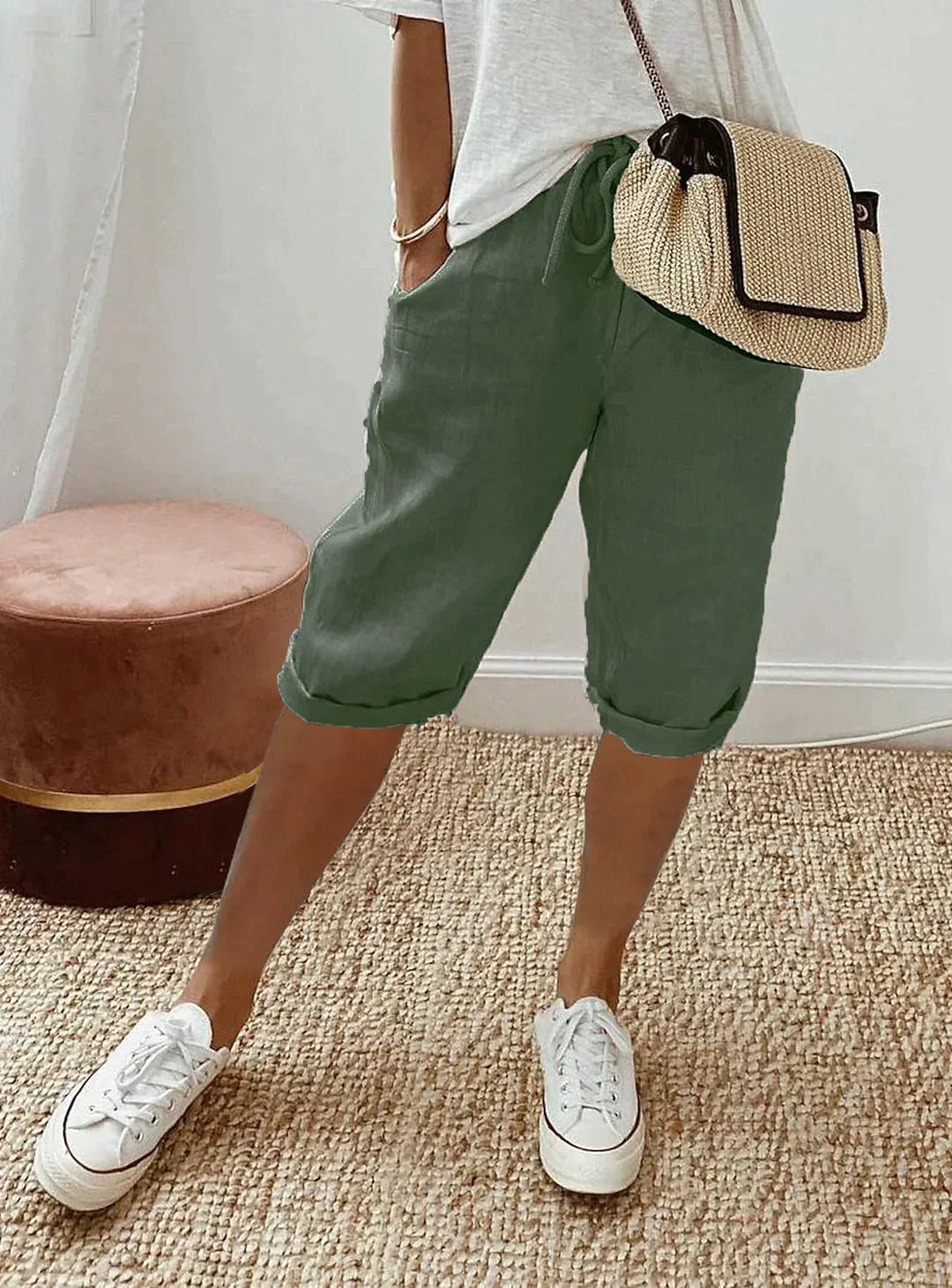 VierraSol | Pantalones Capris de Lino para Mujeres con Cintura Ajustable
