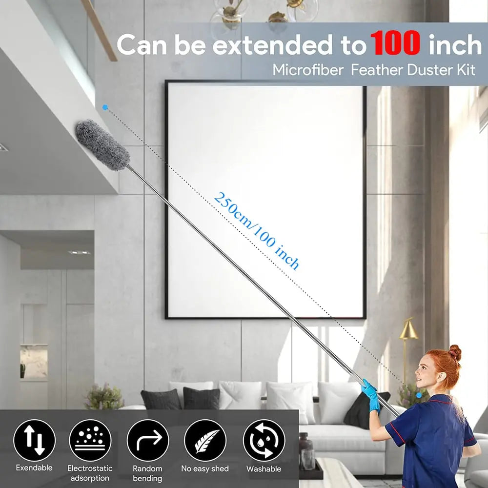 VierraSol | Plumero Telescópico con Cabezal de Microfibra Extra Largo (3 Cabezas de Limpieza de Repuesto Gratis)